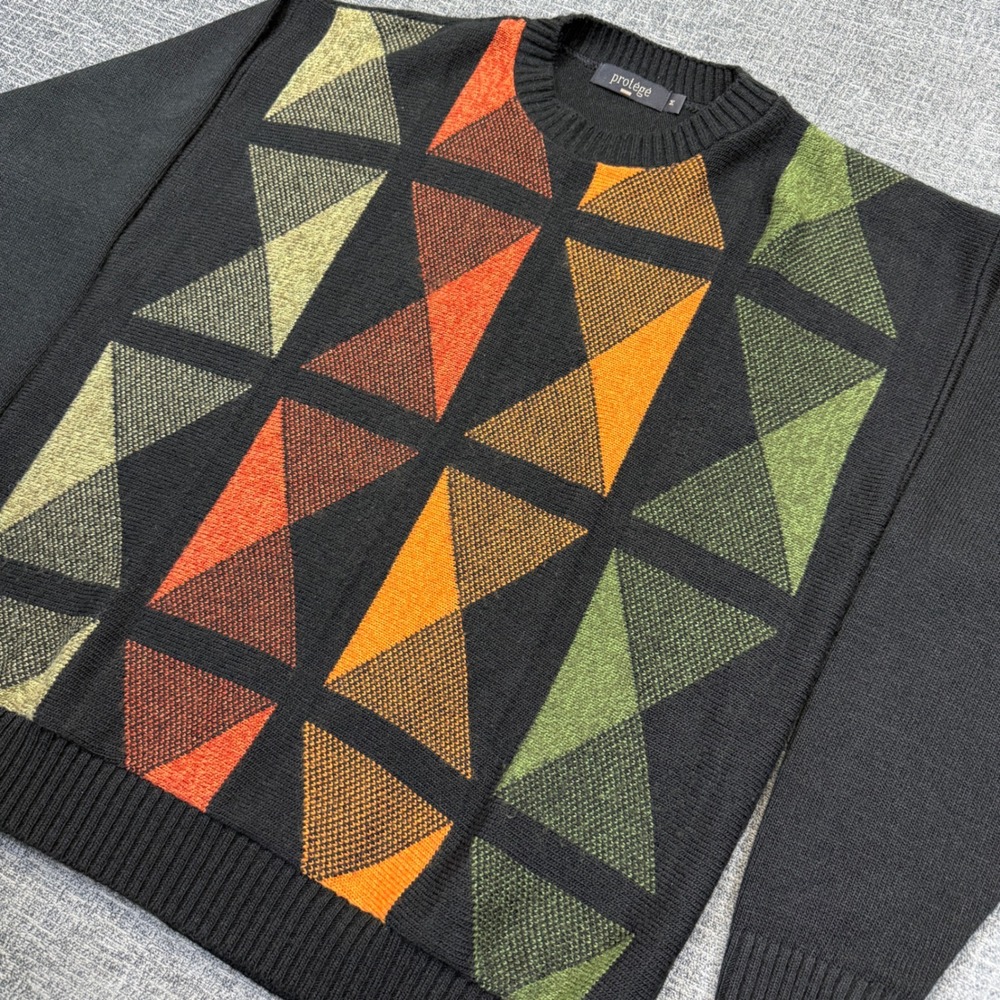 Vintage Protege Sweater Mens M Geometric Knit Black Orange Green Made USA